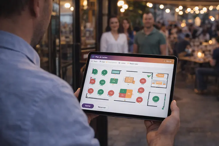 Plan de tables interactif AxiResto sur tablette à l’entrée du restaurant